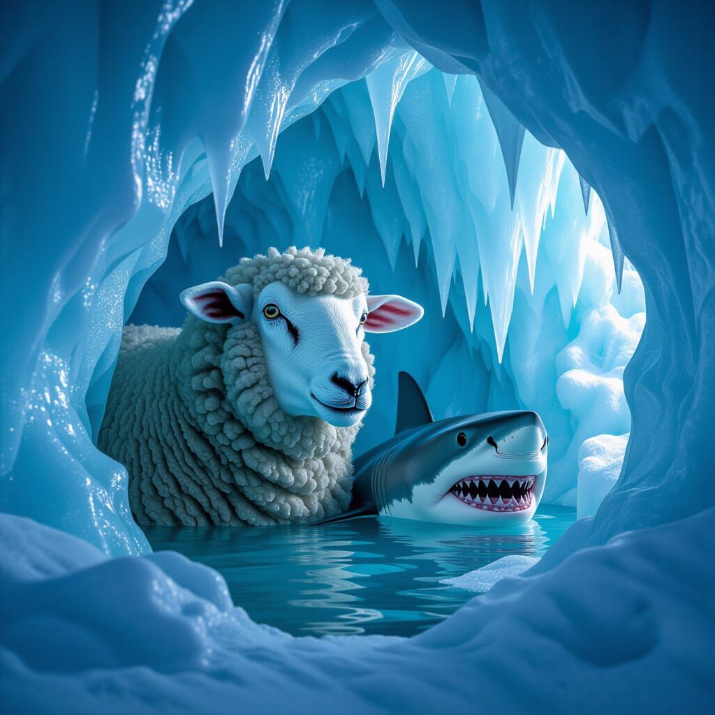 Weeping Sheep in Ice, Shark Below: Hyperrealistic Scene