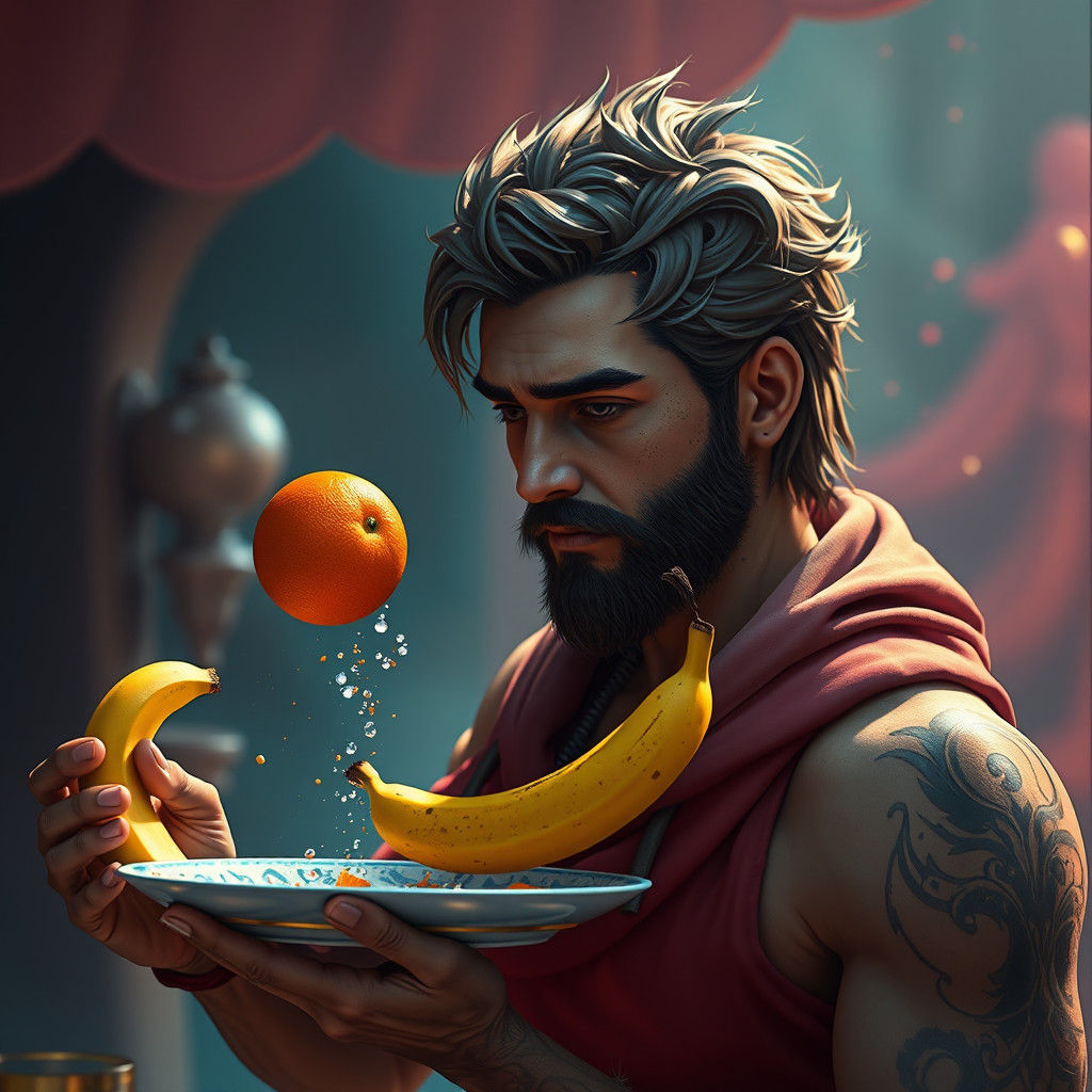 Man Serves Girlfriend Fruit: Detailed Matte Painting