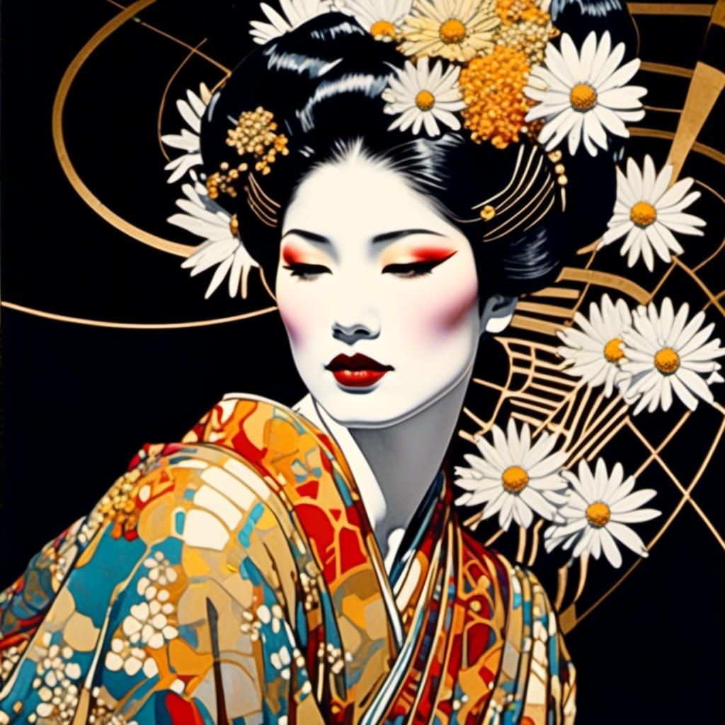 Geisha with daisies with Black and white irridescent drawing of J. C ...