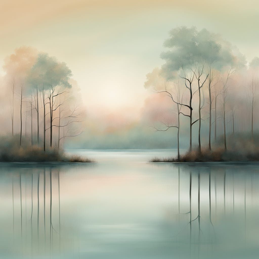 A tranquil landscape where a lake and distant trees melt into a flowing gradient of soft, muted colors. ...  by @Bee_creative