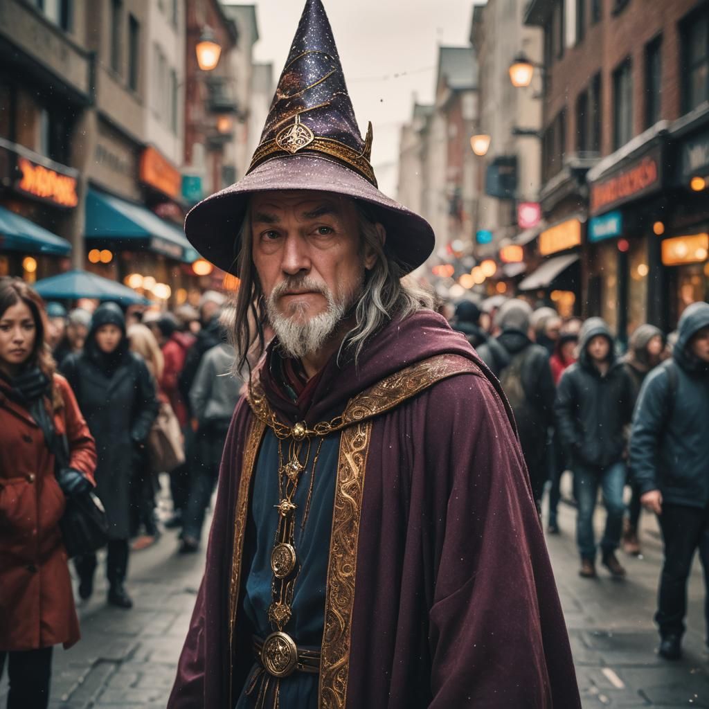 a wizard coming to the city (as its rush hour) AI Generated Artwork