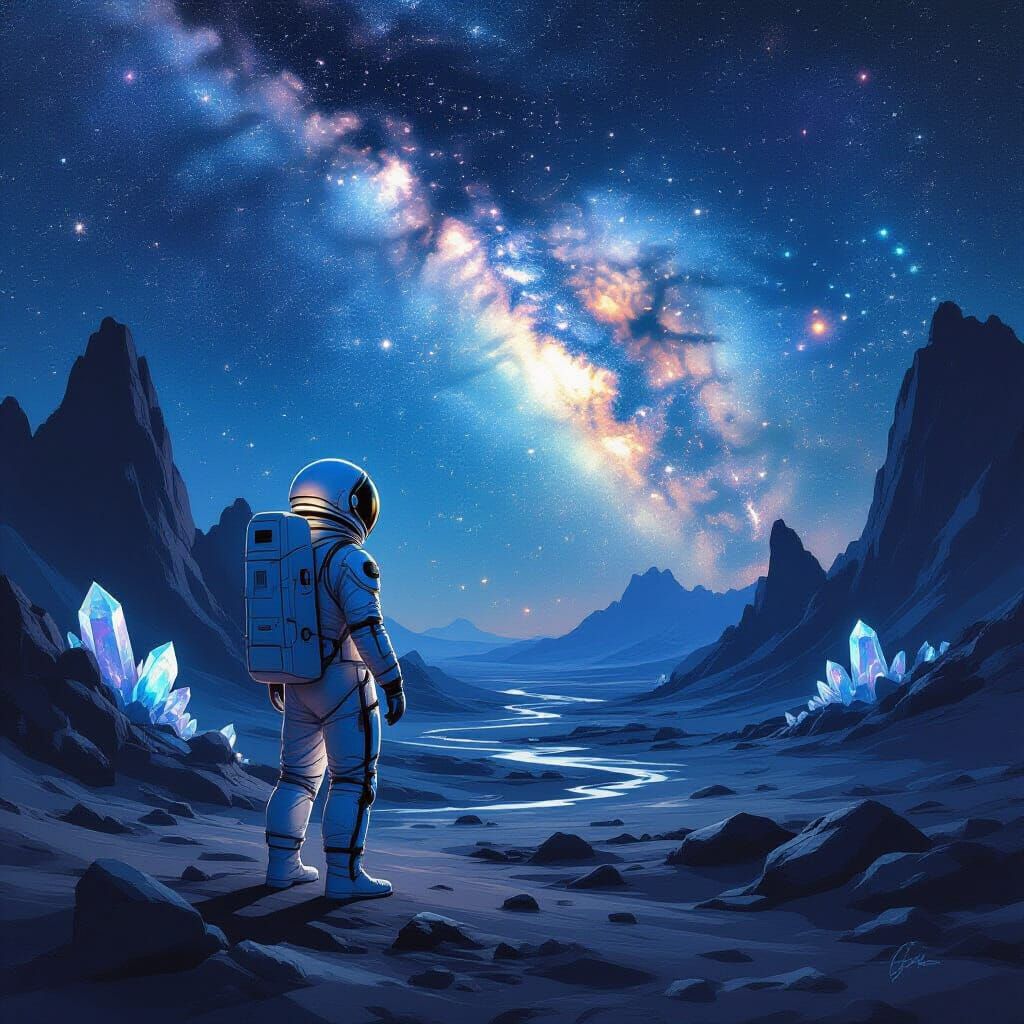 Astronaut on Alien Planet Gazing at Nebula