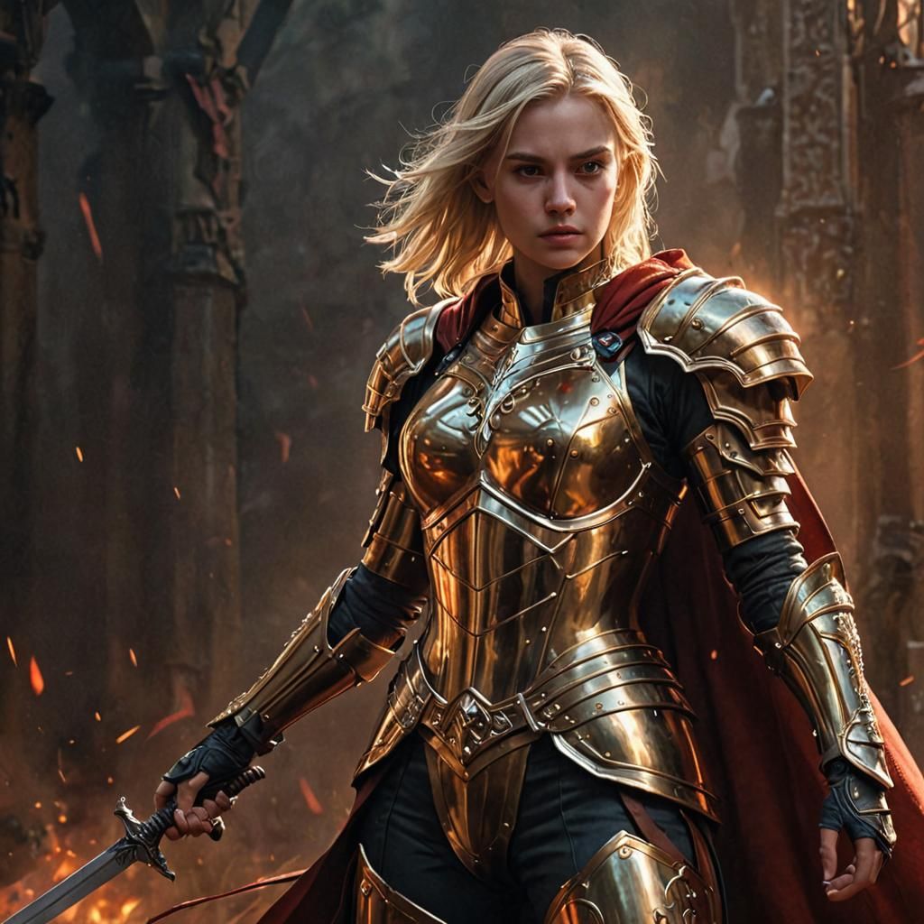 Una bellissima e giovane valchiria bionda
 con l'armatura di bronzo, la spada sguainata in mano e un lungo mantello rosso sangue. color correct...