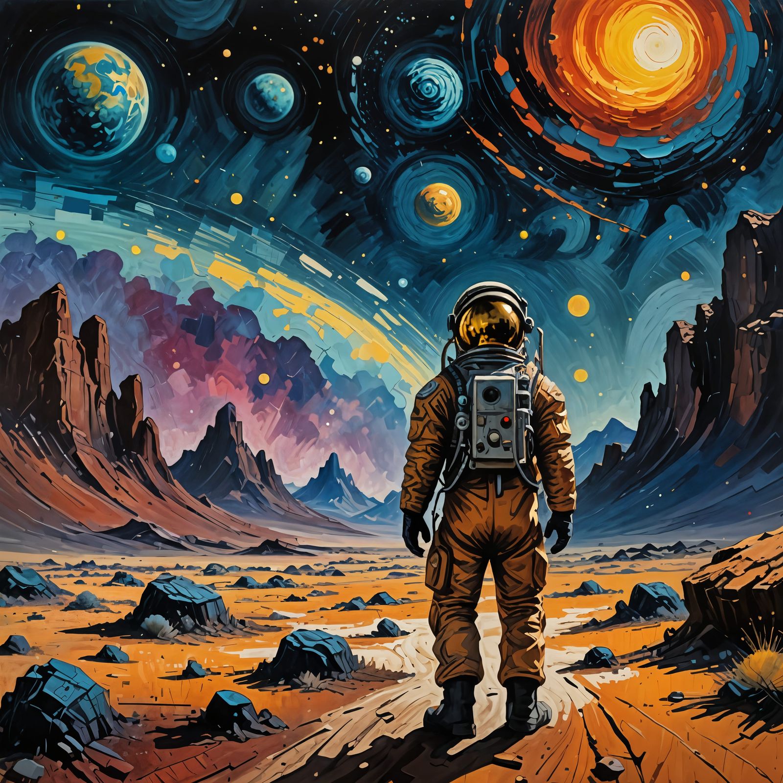 Astronaut on Alien Planet: Vintage Oil Painting Style