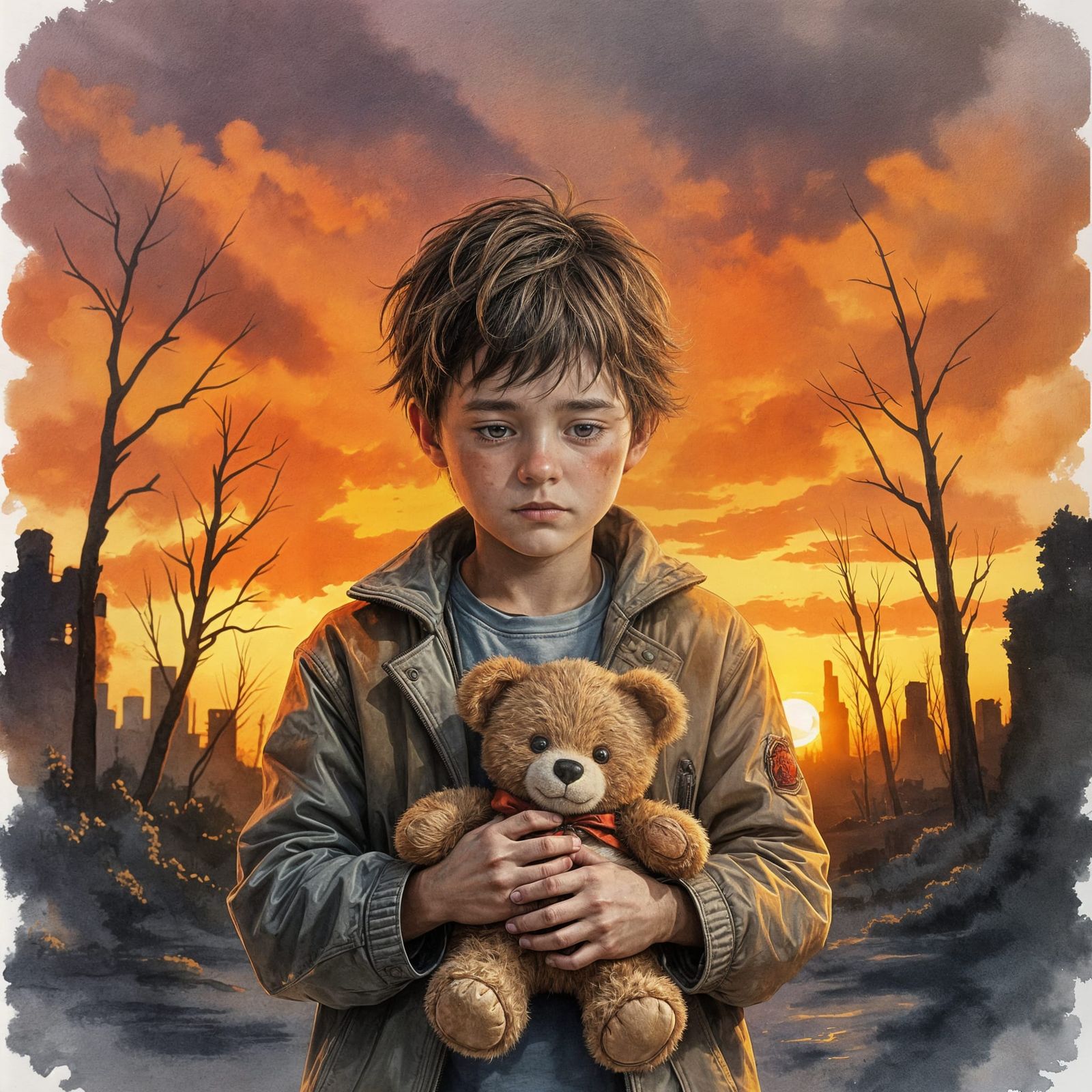 Melancholy Boy Holding Burnt Teddy Bear at Sunset