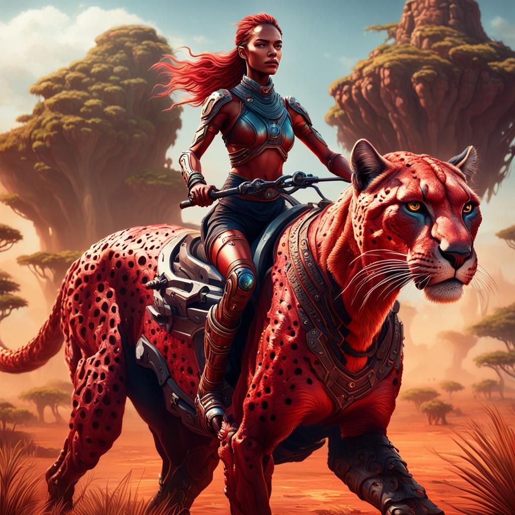 a very beautiful red woman riding a (((cyber))-puma) in a sa...