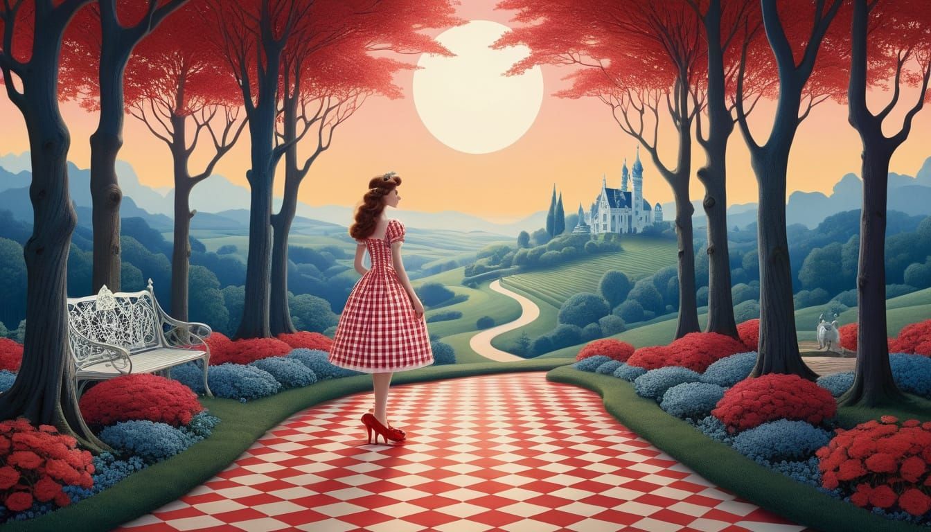 Dorothy, wearing a red and white gingham dress and ruby red slippers, stands in wonder before the delicate, ornate Porcelain Man, his body a...
