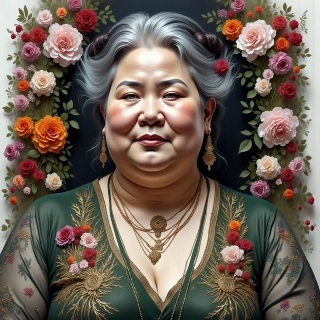 <lora:Represent Intensity:1.0> Realistic chubby old asian woman fantasy style, matte skin, no gloss on skin, painting style, watercolor, hea...