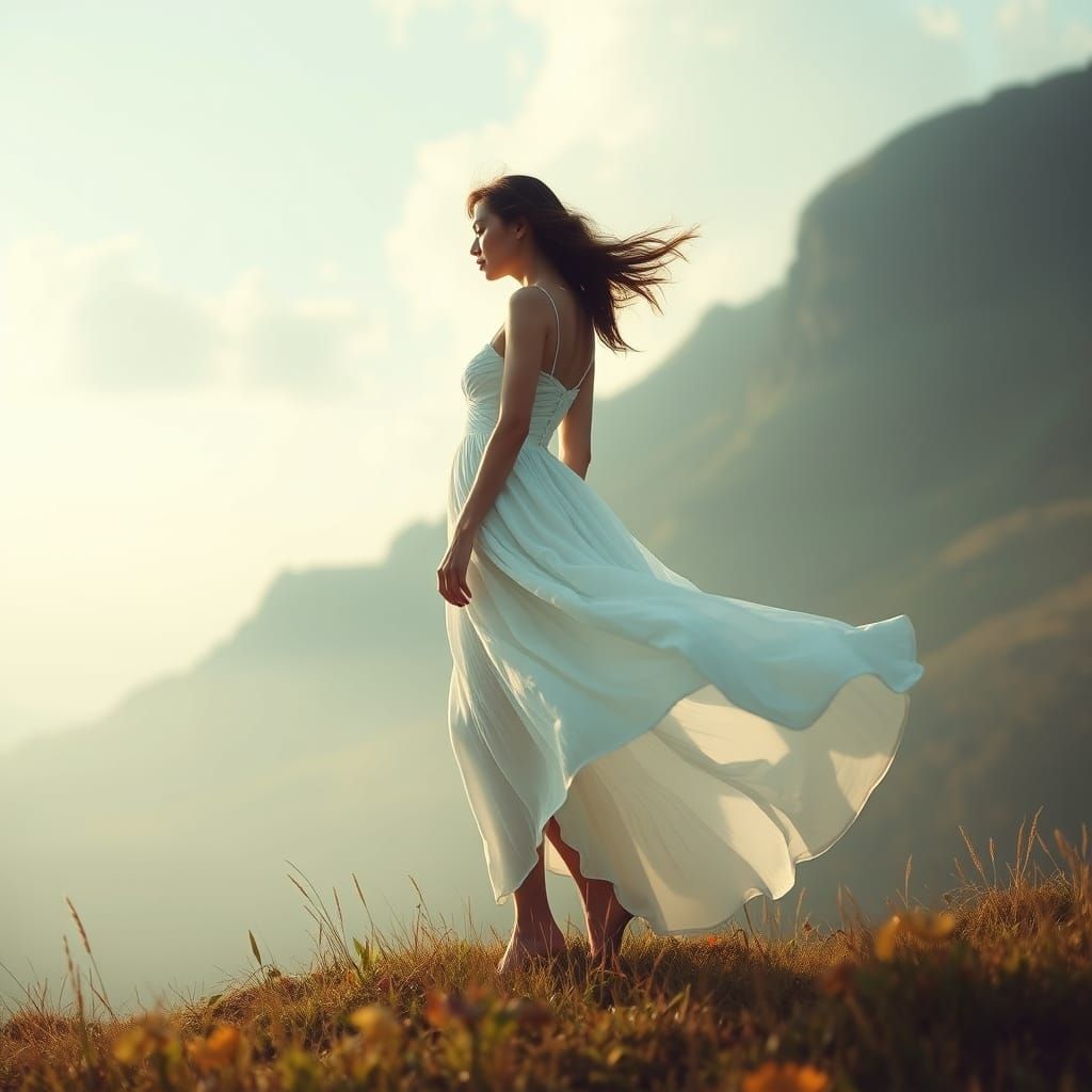 Woman in White Dress in Dreamy Landscape
