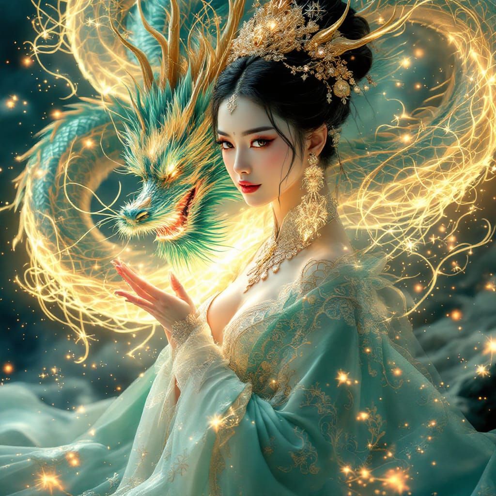 Asian dragon goddess, celestial empress fantasy, mythological dragon aura, luminous jade tones, painterly ...  by @Soramila