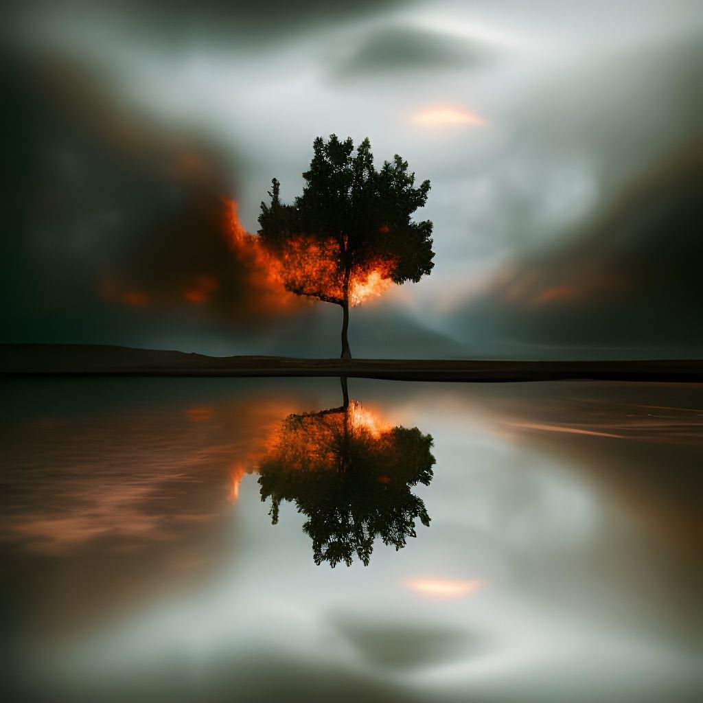 Tree on fire reflected on the water AI Generated Artwork NightCafe