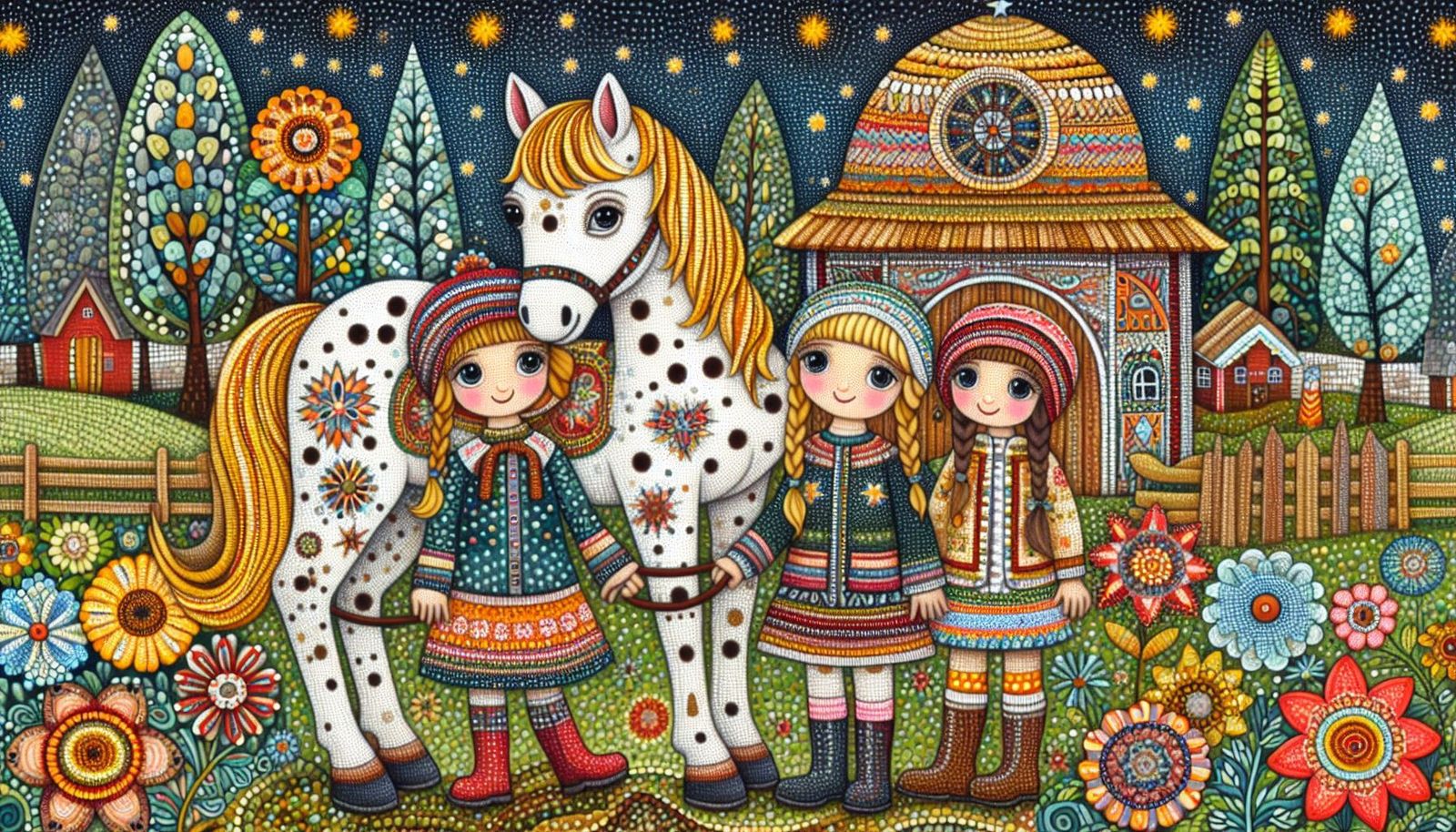 Three girls and their dapple horse