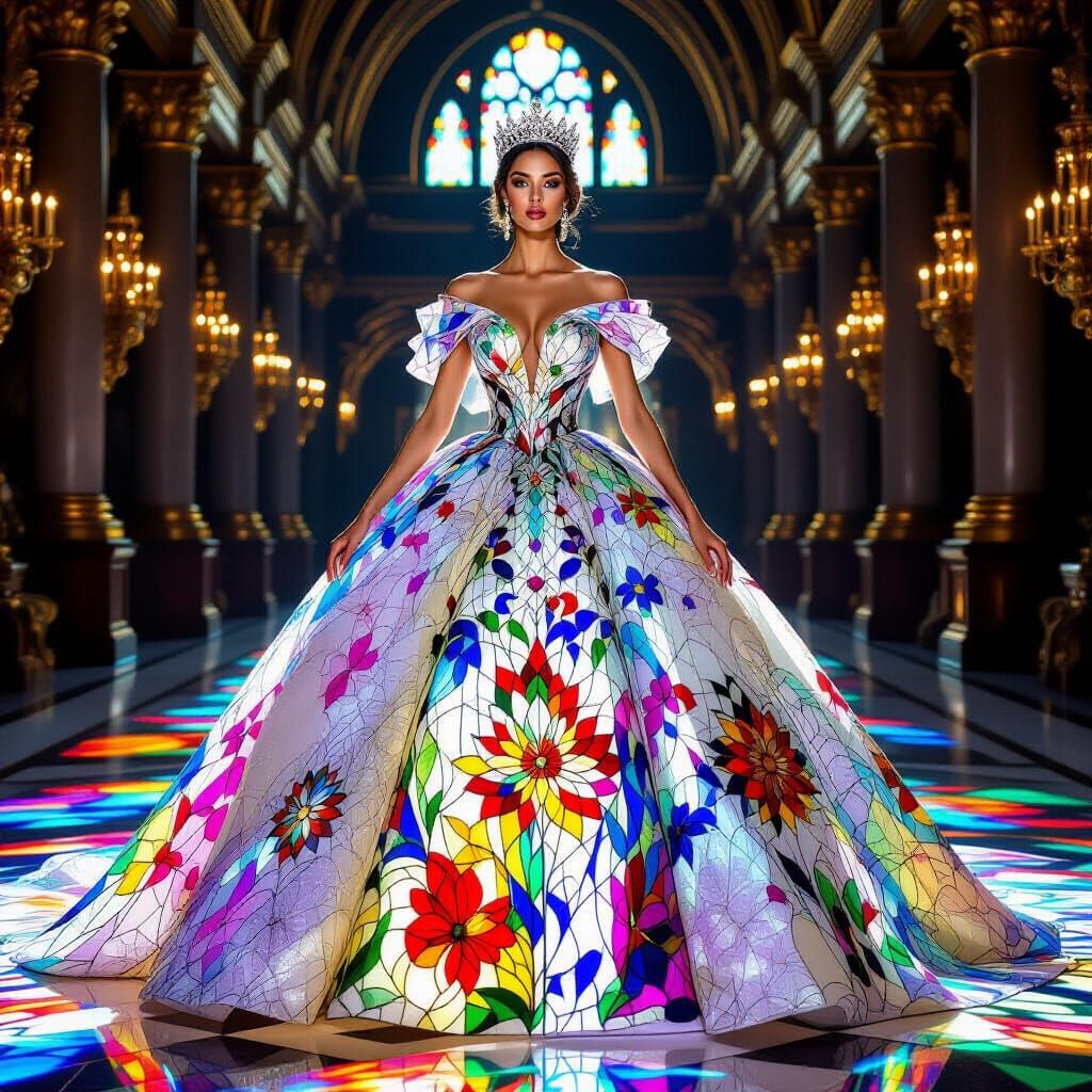 A regal queen adorned in a breathtaking ballgown made entirely of intricately patterned stained glass, ...  by @Tim