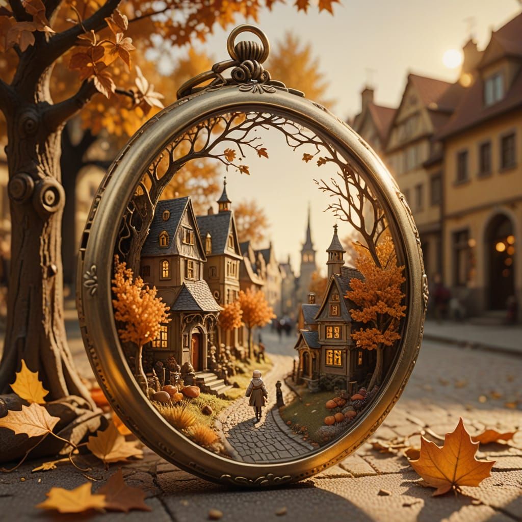 Surrealism. Medium shot. An elderly woman dreams of a miniature autumnal village built within an antique locket, with tiny figures walking o...