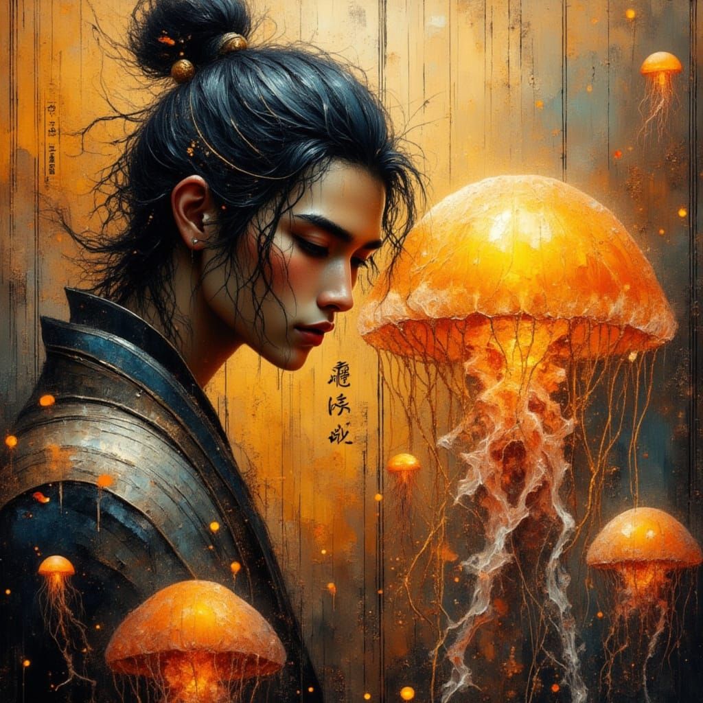 <lora:Akimora:1.0> <lora:Beautiful women:1.0> <lora:divineOil:1.0> <lora:Jellyfish Ascension:1.0> In nyc, elegant handsome samurai warrior b...