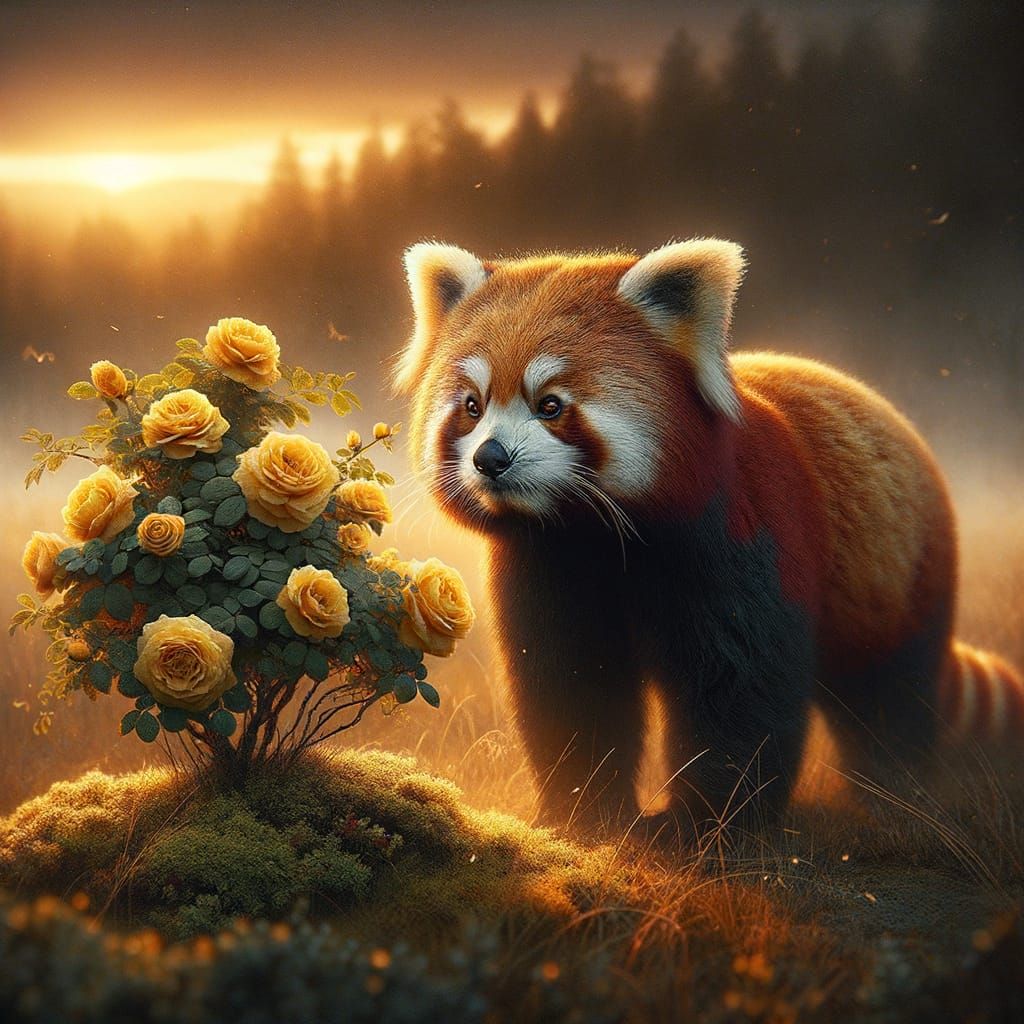 A red panda standing in a wide grassland at dusk, warm golden light filtering through soft shadows. Its fur is richly textured and softly il...