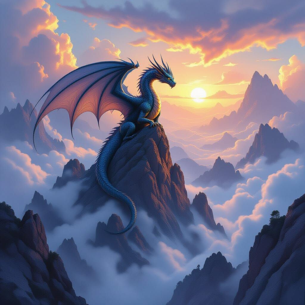 A majestic, ancient dragon perched atop a craggy mountain peak
