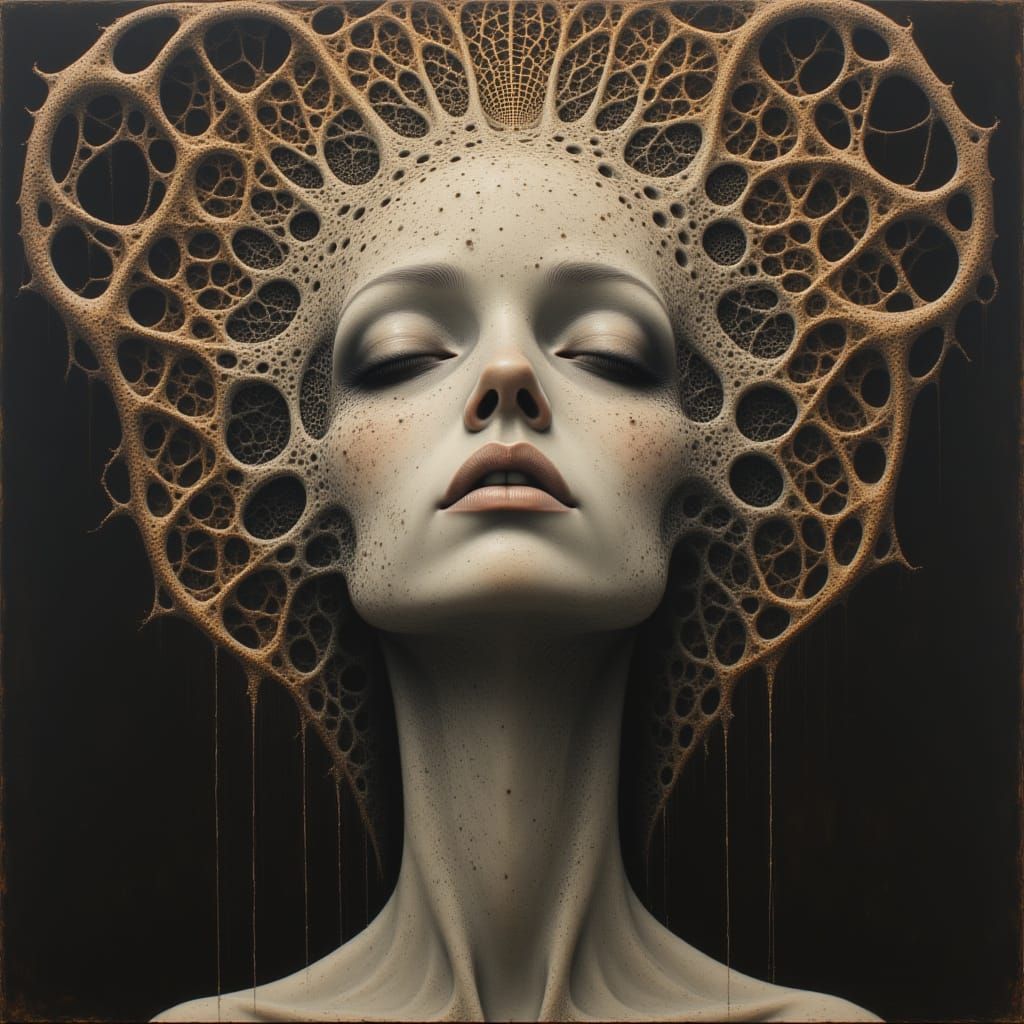 <lora:LV-426:1.0> HR Giger, painting, biomechanical surrealism, ossified lattice, oxidized copper, chiaroscuro, spectral, alabaster, feminin...