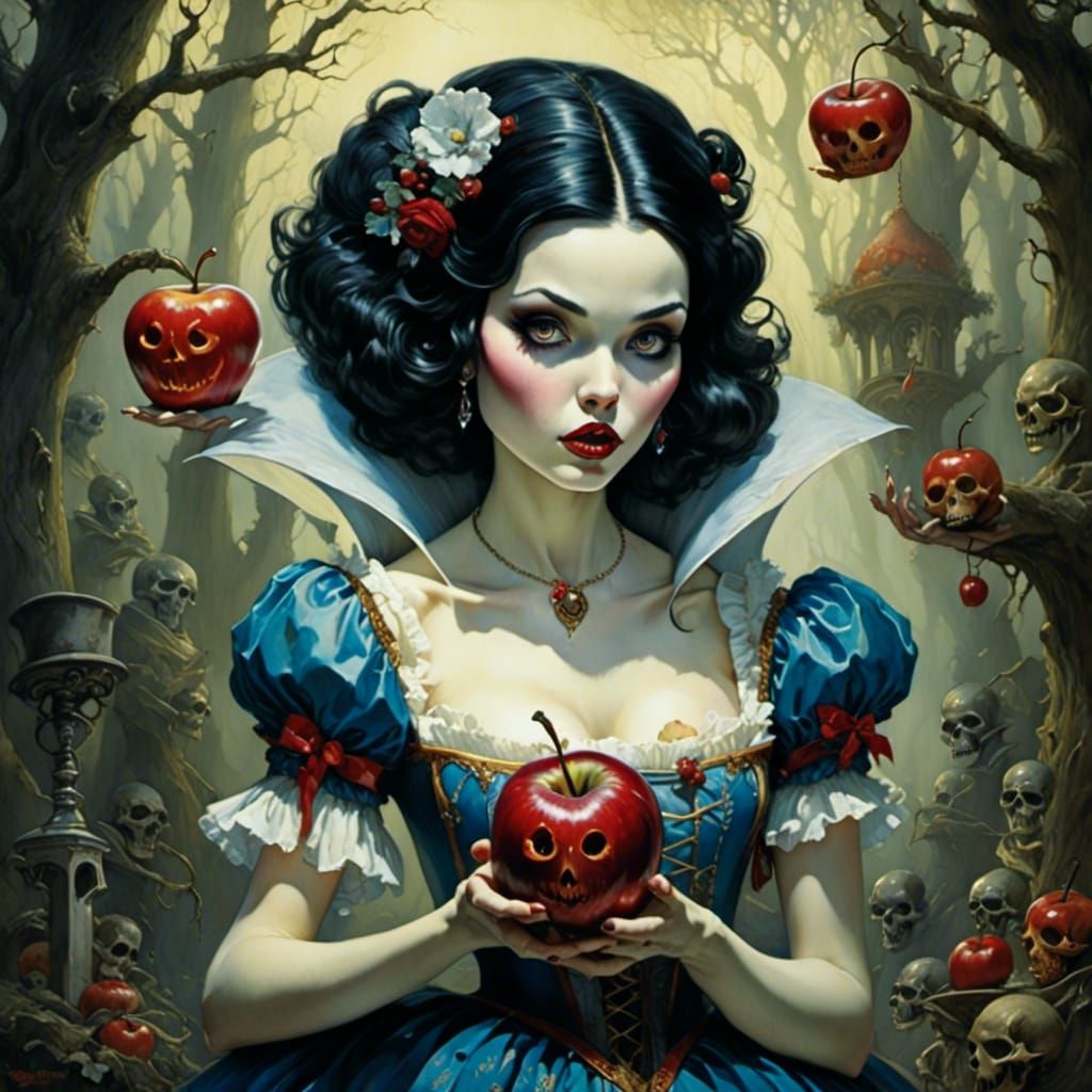 <lora:FairyTails:1.0> creepy zombie snow white holding poisoned apple, horror