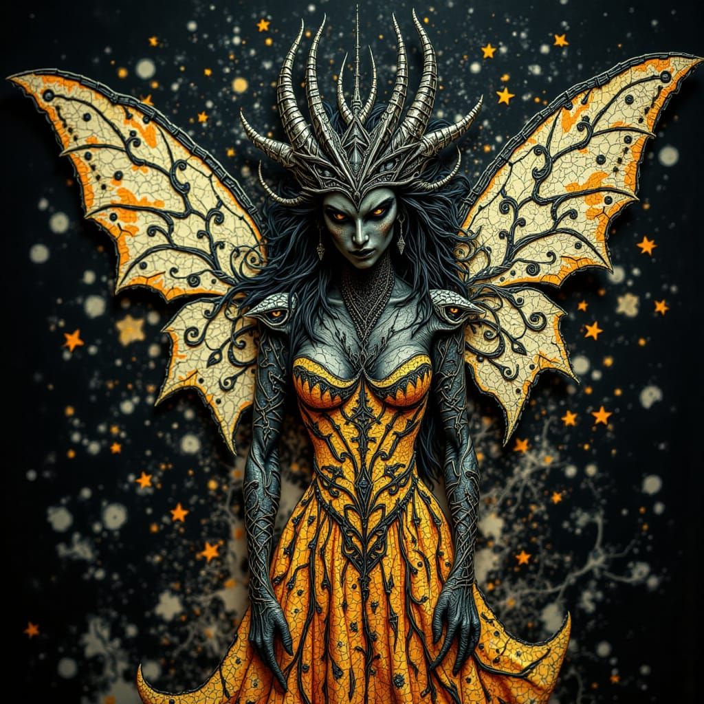 <lora:DreadKnot Theory:1.0> a breathtaking double exposure style, Astonishing Fairy Princess with tiara, hanging fairy lights, black backgro...