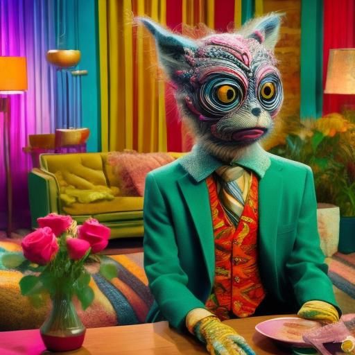 <lora:Groovy Lounge:1.0>
Cat-like strange creature wearing vintage clothes holds a boquet of roses in a groovy lounge.
