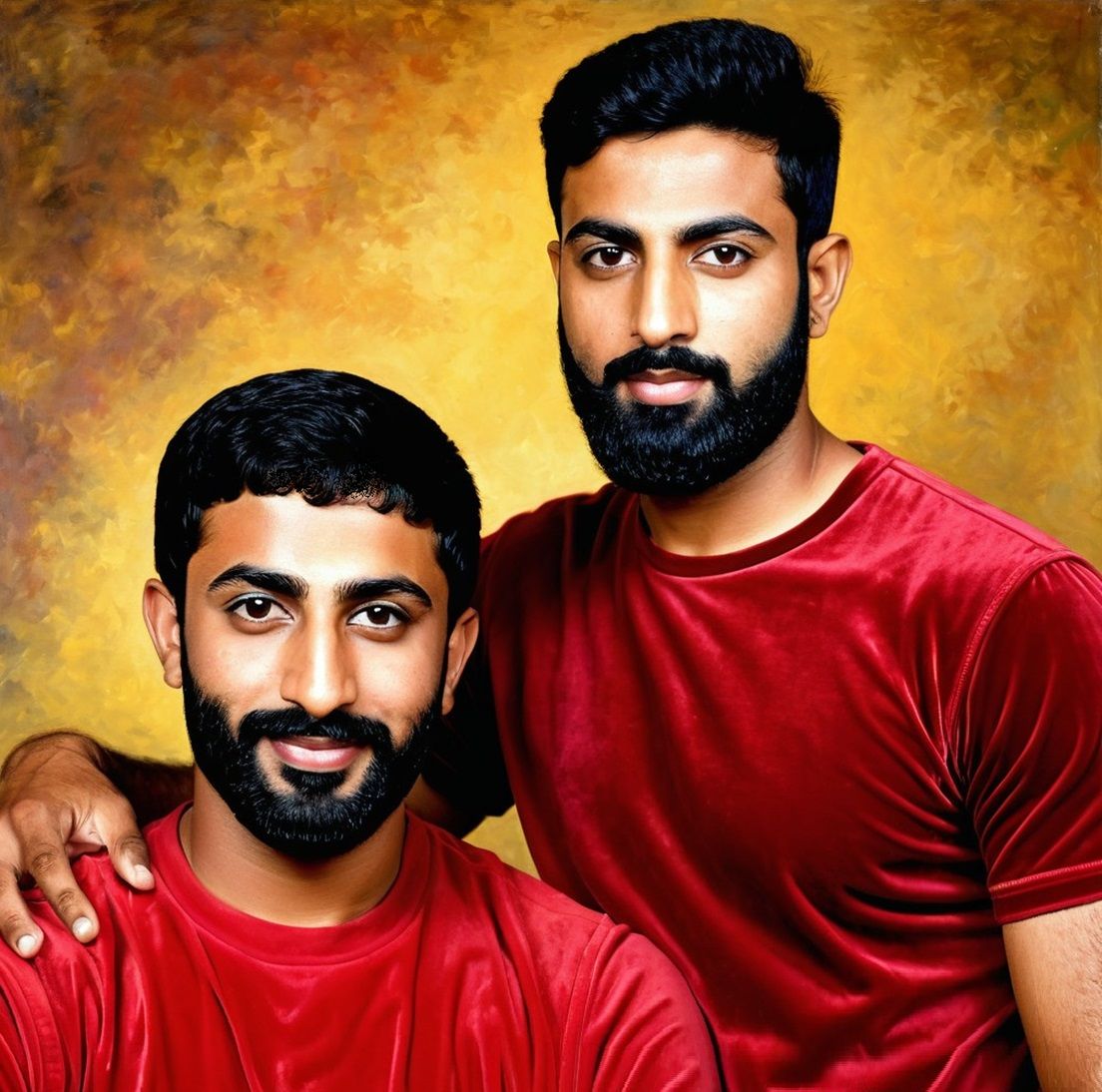 Two bearded men wearing red velours T-shirts