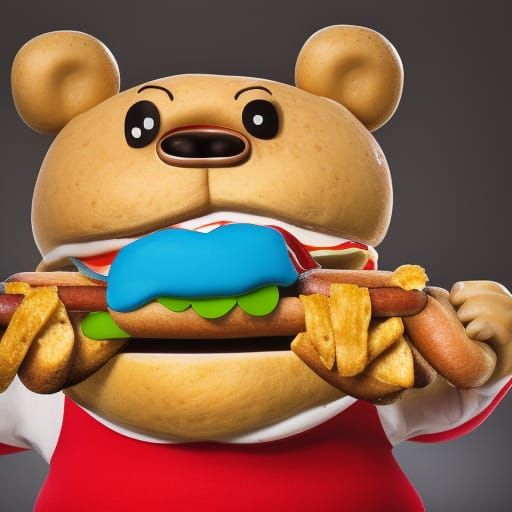 Big Fat looking Bear  eating a Hot Dog in a Ed Roth art styl...