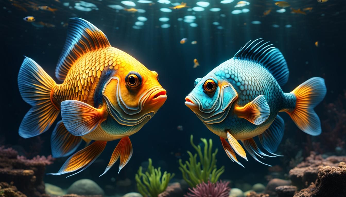 Extremely detailed elaborate adorable fish looking at their ...