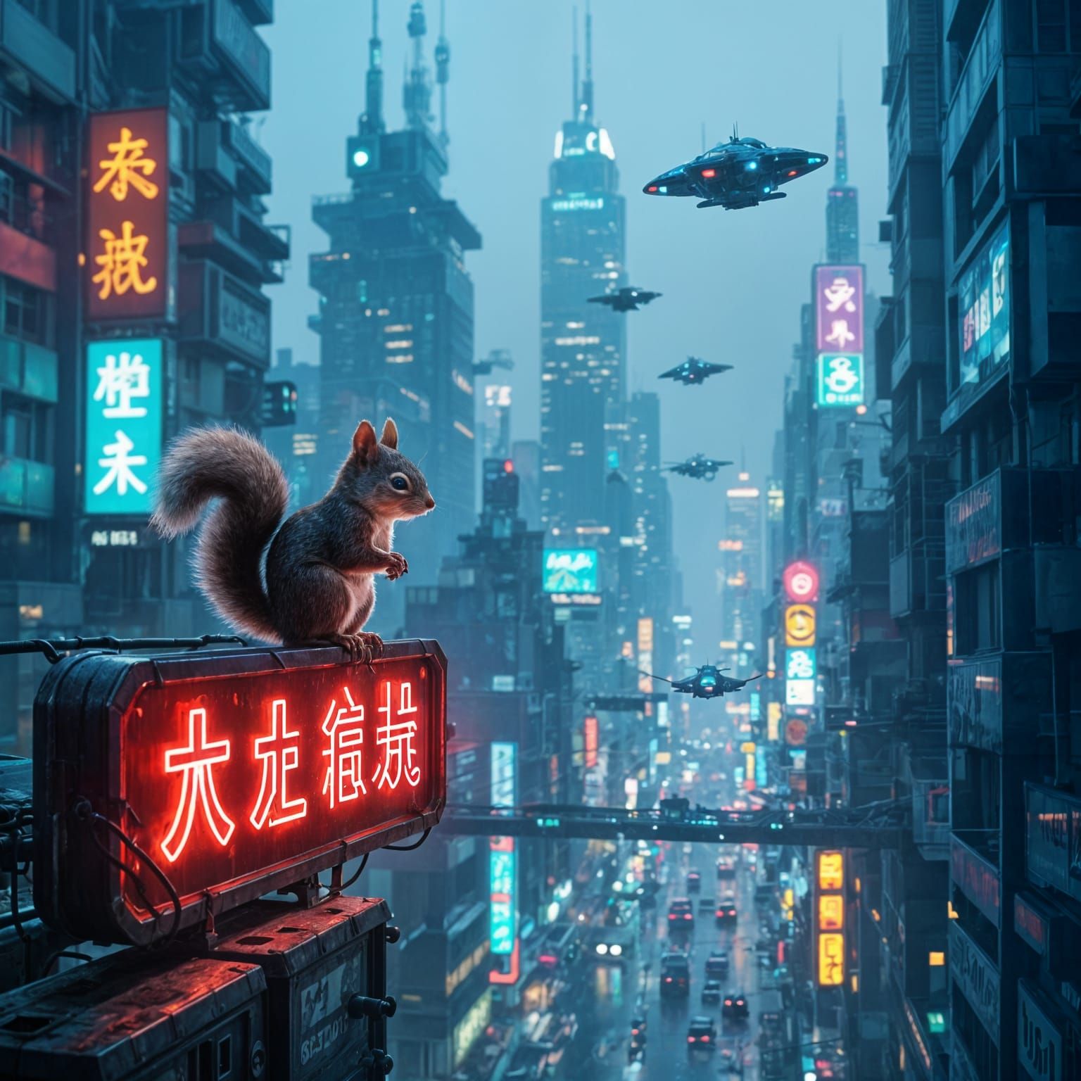 A bustling, rain-slicked street in a futuristic metropolis, seen through the eyes of a small, curious squirrel perched on a neon sign. Tower...