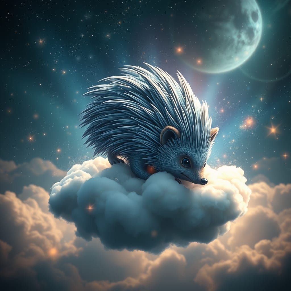 Silver & blue hedgehog flopping down on cosmic cloud. Translucent, luminous, magic.  by @Lightning