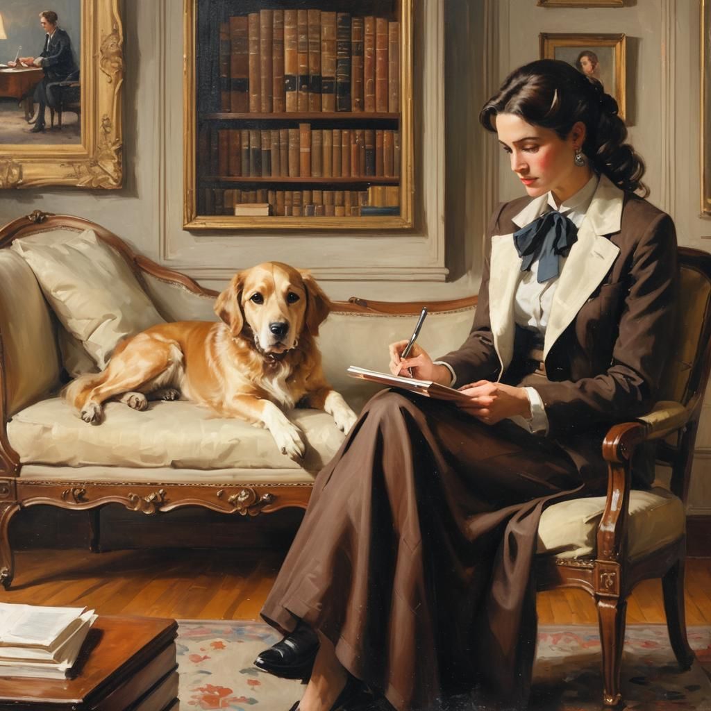 Oil painting of dogs psychiatrist has a conversation with one of her clients  by @Fokje