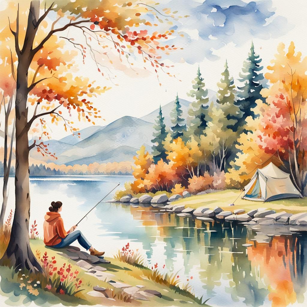 Idyllic Autumn Landscape Watercolor with Woman in Tent