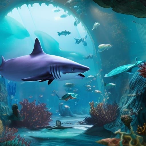 Aquarium with mermaids and sharks and jellyfish