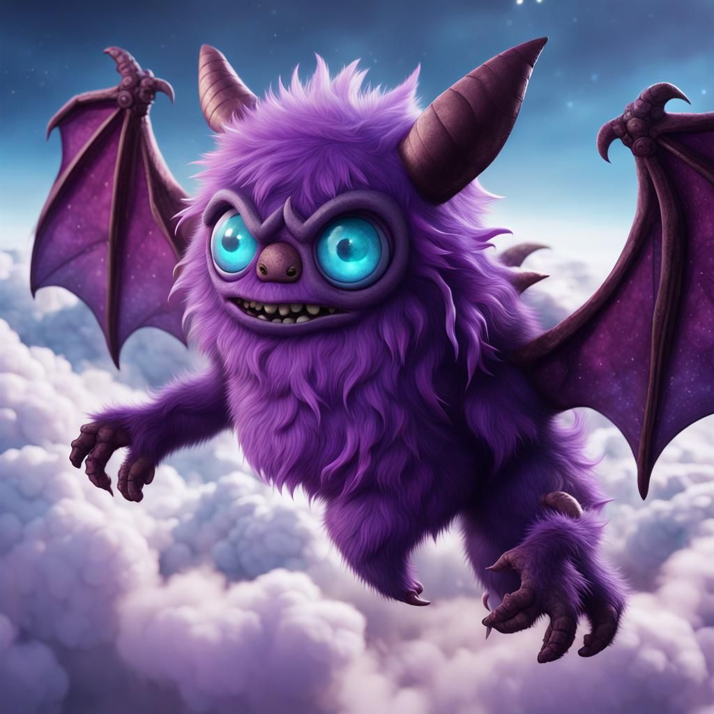 A cute, purple furry monster with four arms, huge bat ears, ...
