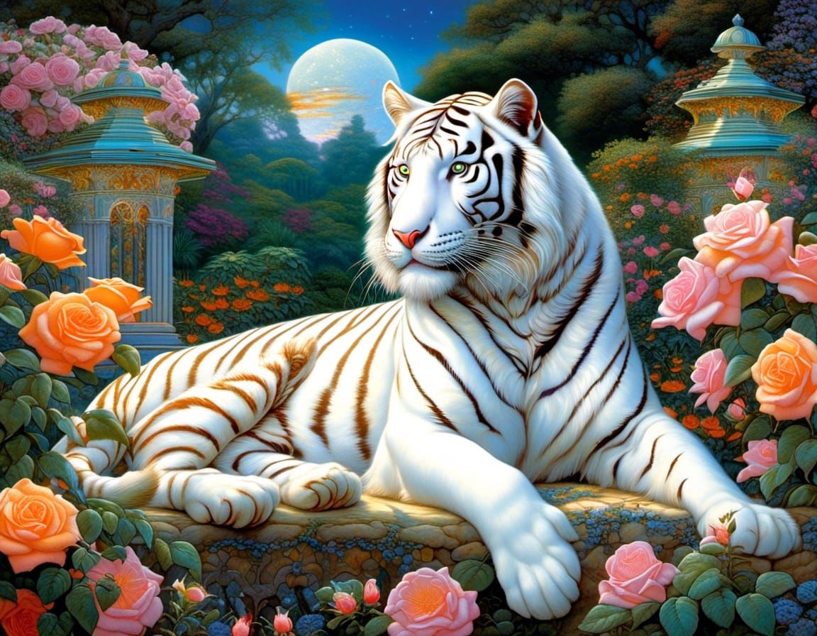 Absolutely stunning, elegant white tiger and orange Bengal tiger together amid the multi-hued blooms of a rose garden, digitally enhanced, d...