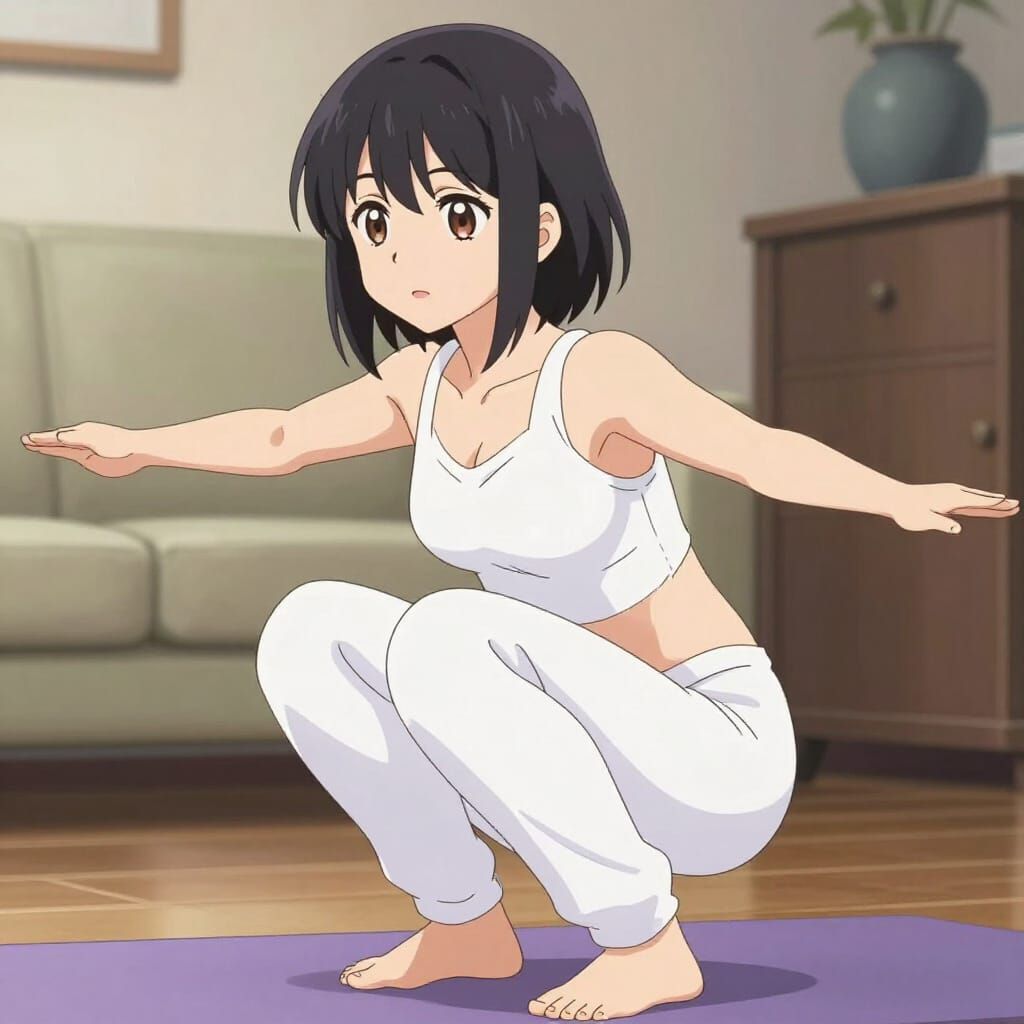 Anime Woman Doing Squats in Home