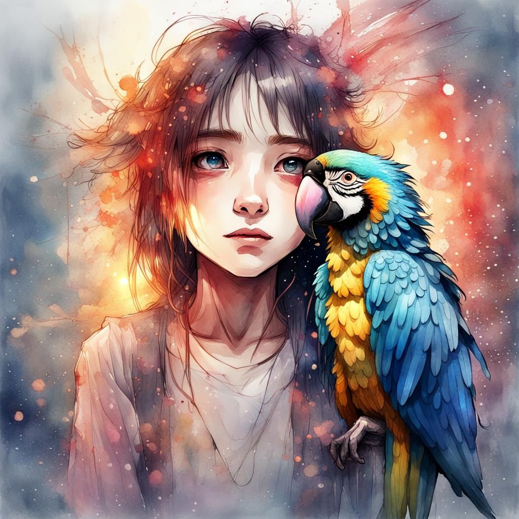 girl and macaw water color