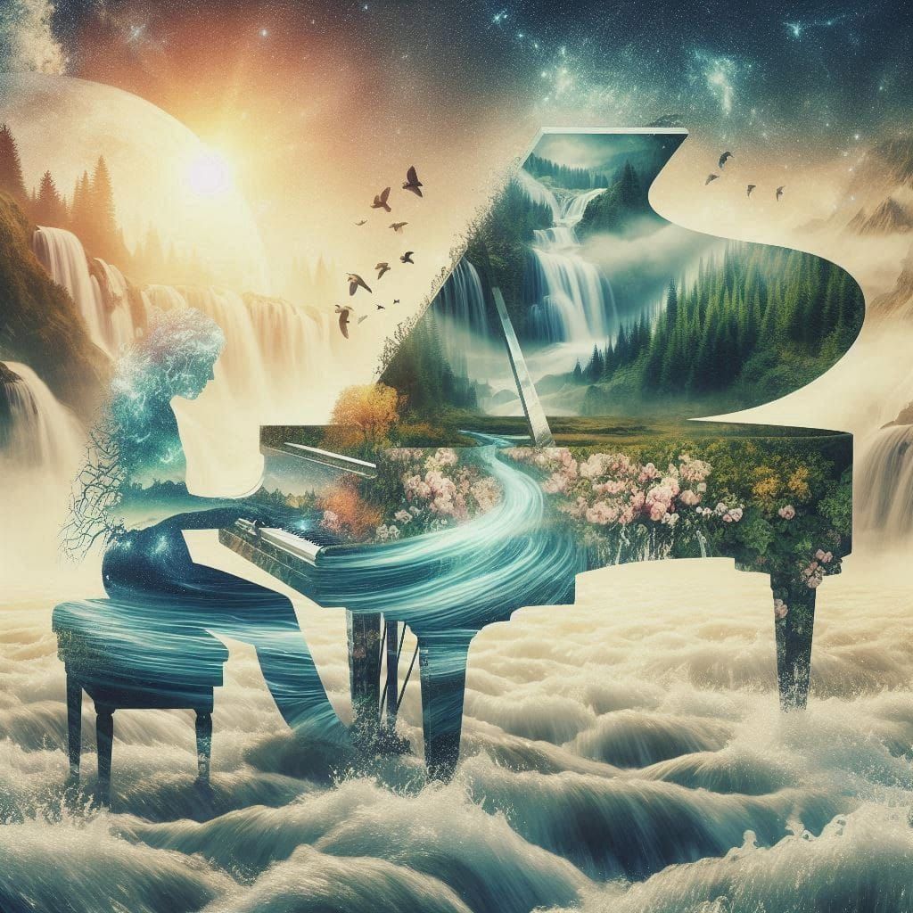 Piano player embodied with nature scenary