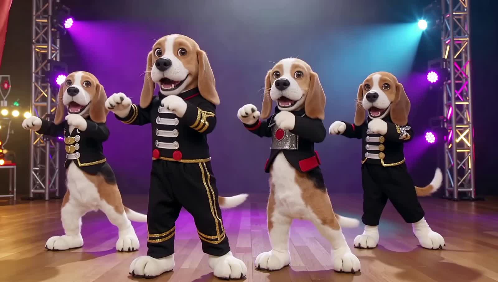 4 Beagles playing as a pop group