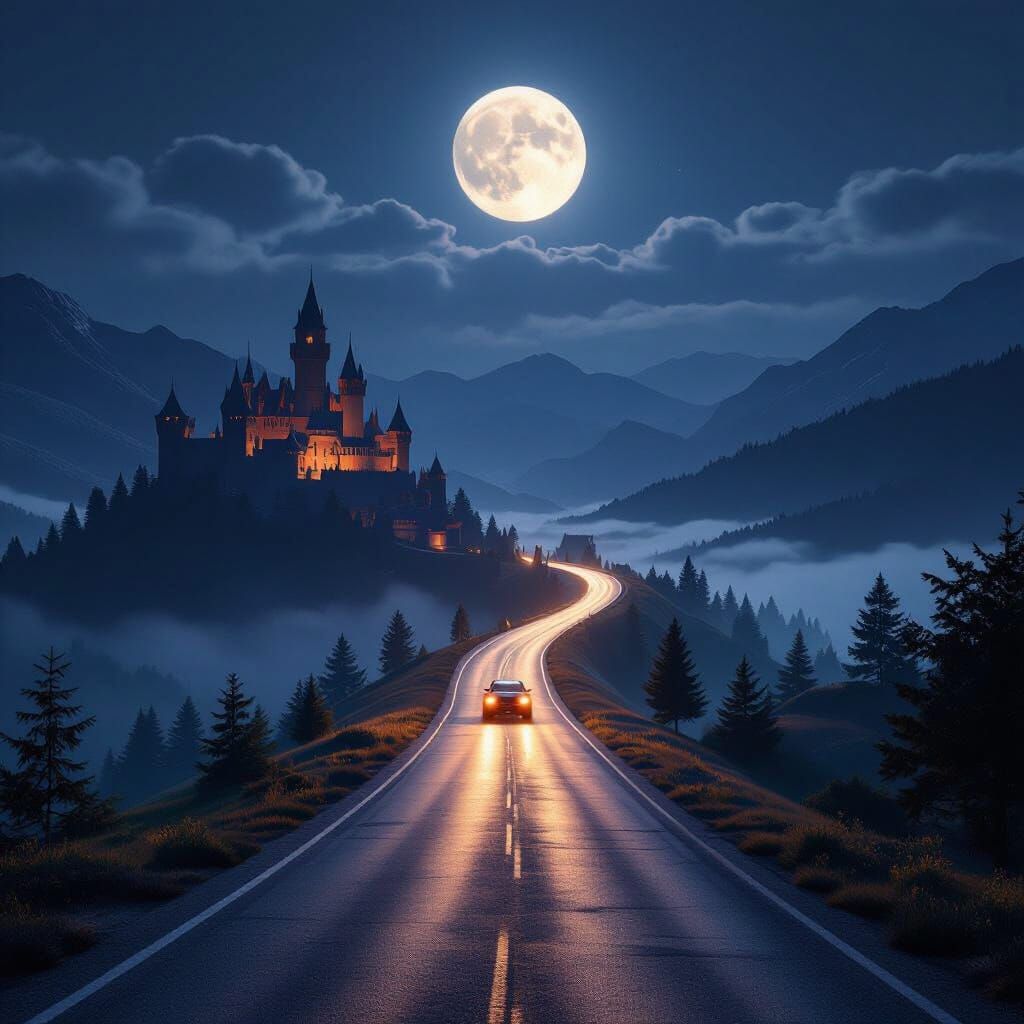 Vally at night with a full moon with a castle on one side and a long winding road on the other with car headlights on the road