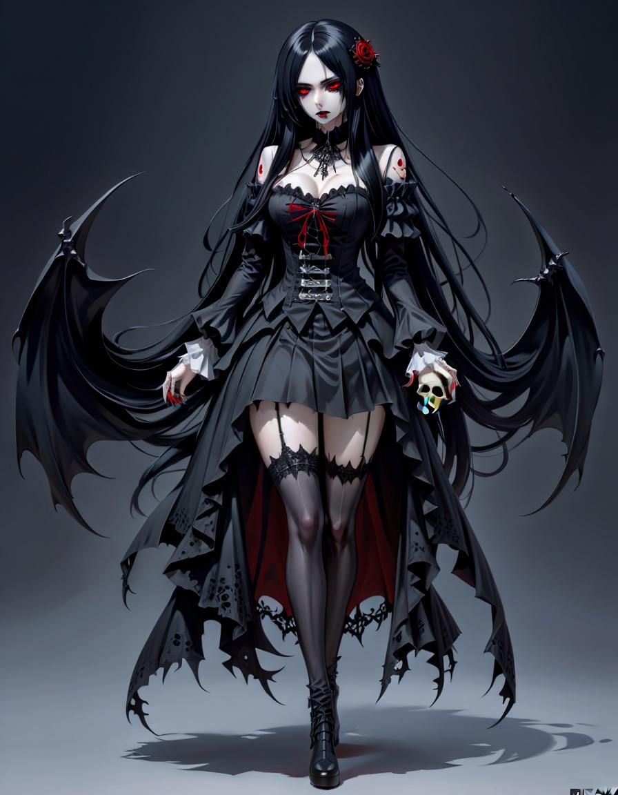 a woman with long black hair and red eyes, gothic maiden ani...