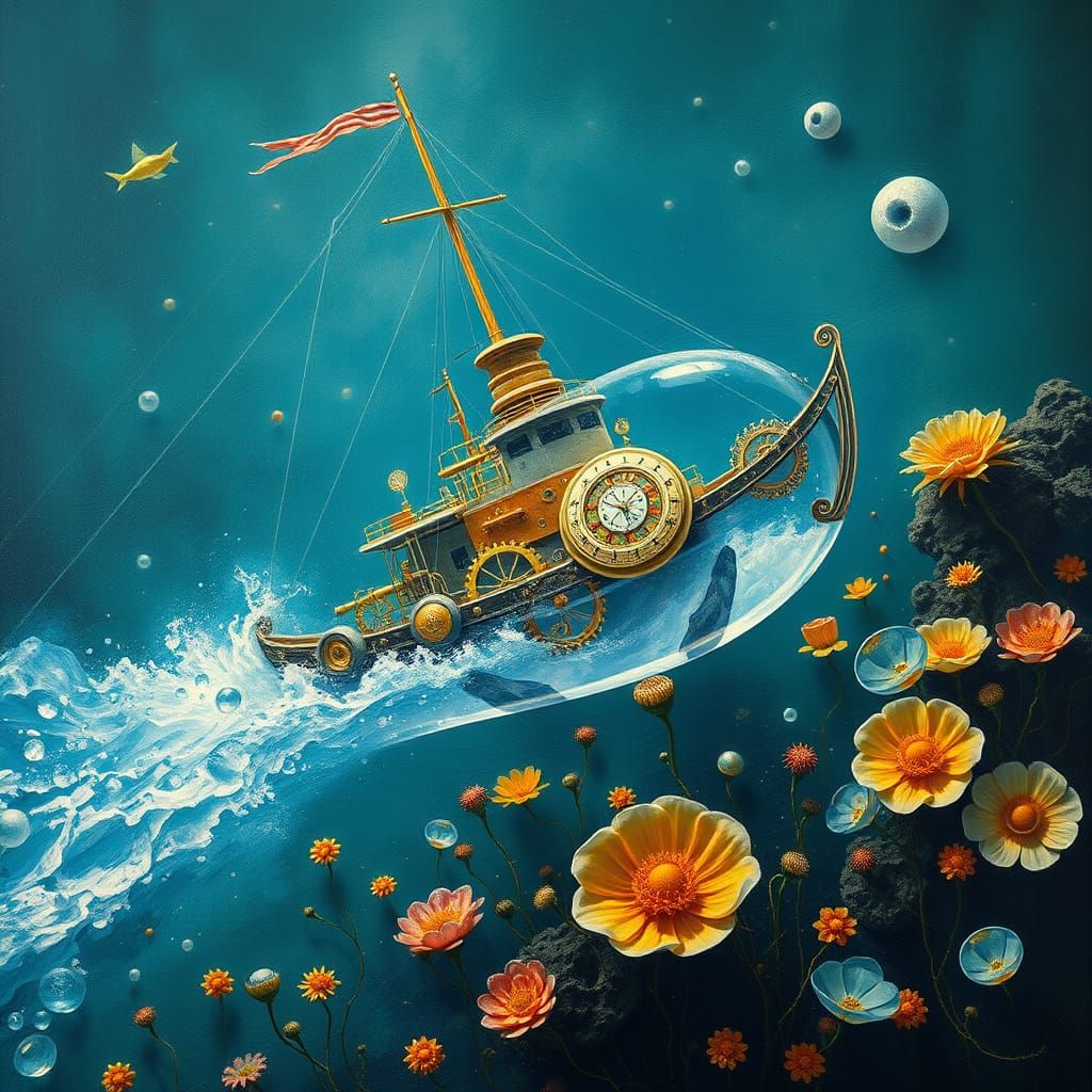 Un bateau steampunk en glace translucide. A l'intérieur une flore sous-marine abrite de petits animaux ...  by @Eylliae Dominique