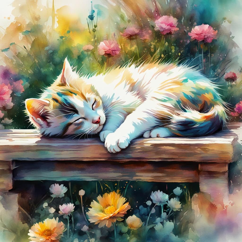 Kitten Sleeping on garden bench  by @Havil