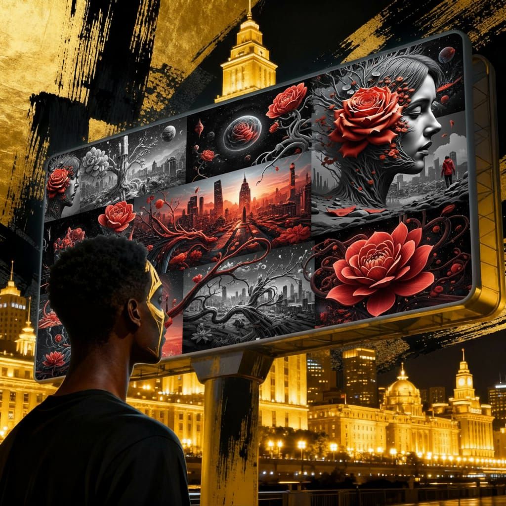  A   sad goth girl in red plaid knee length school  uniform  encounters a mysterious  billboard  in a busy city  the Billboard screen that s... - Start Image 2