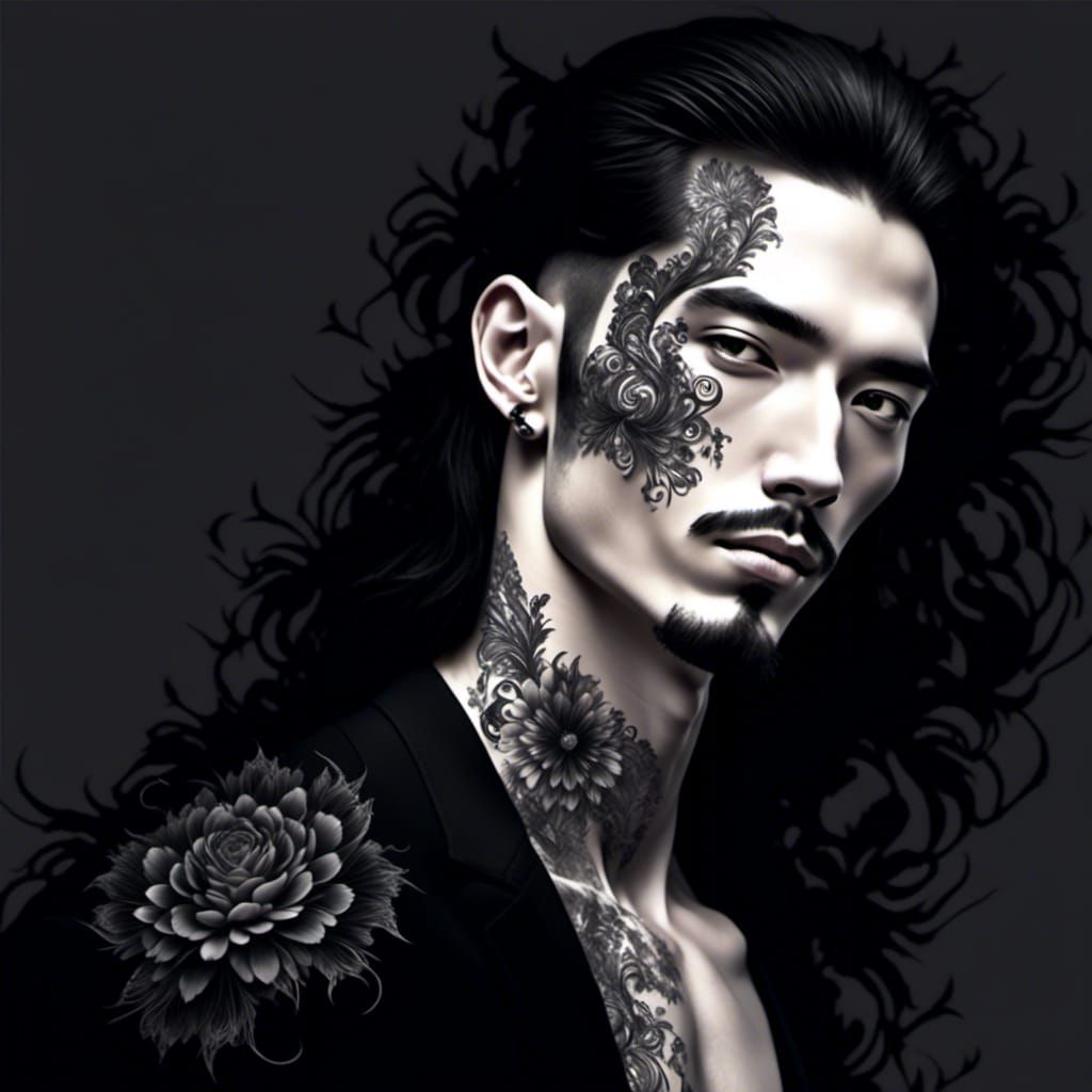 <lora:Alexandrite:1.0> man, intricate sharp face, man with long very black hair, huge rainbow lace flowers in background, flower tattoos, wh...
