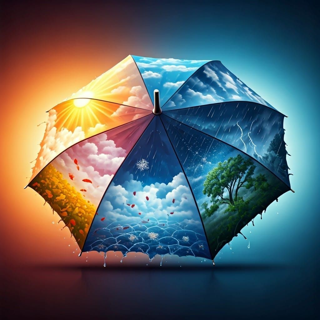 An umbrella, face on to the viewer, decorated in sequence with scenes of sunshine merging into wind merging ...  by @Alison