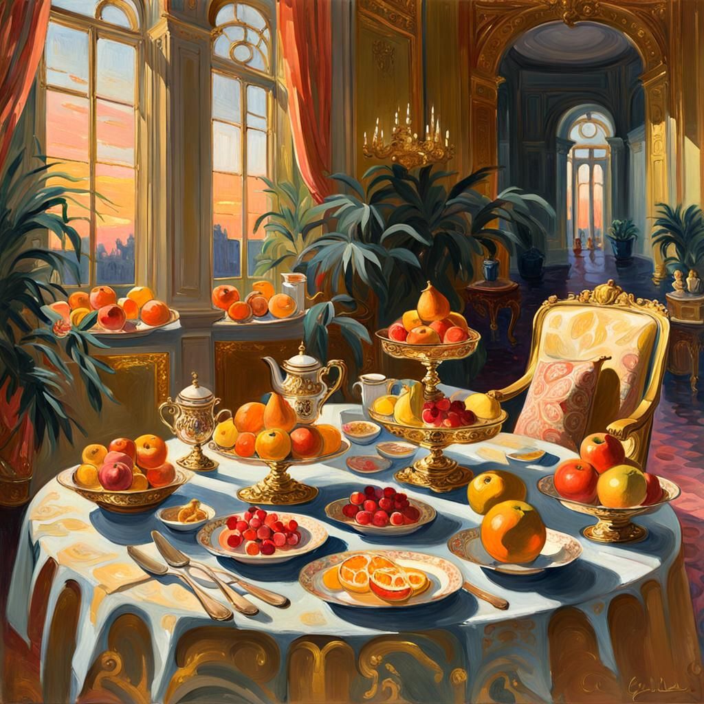 a simple watercolor breakfast in the palace in 1918.(expensi...