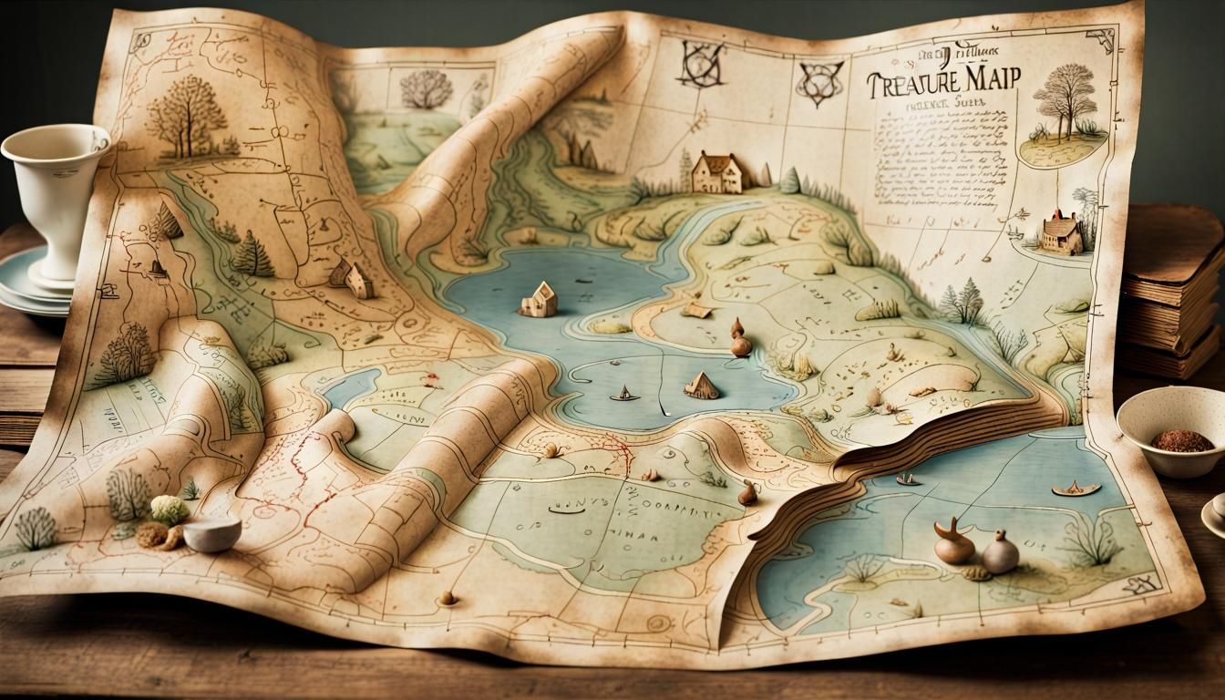 whimsical treasure map, style of Beatrix Potter, vintage color, minimalist; 8k resolution; tetradic colors; ...  by @Shakaama