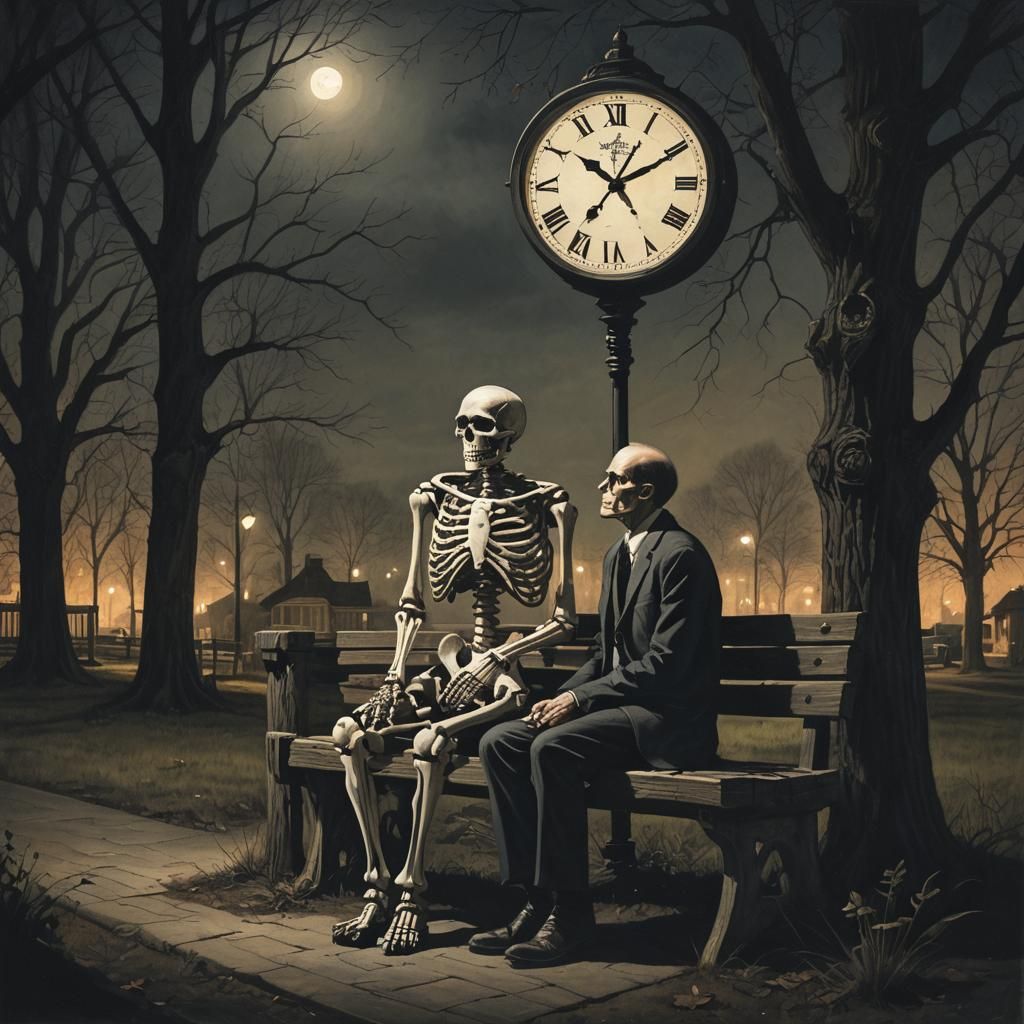 A man and skeleton sitting together on a wooden bench at nig...