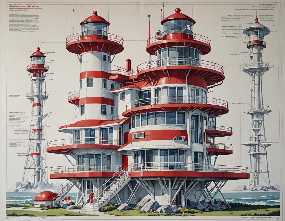space age multi-level home, slender supports (lighthouse the...